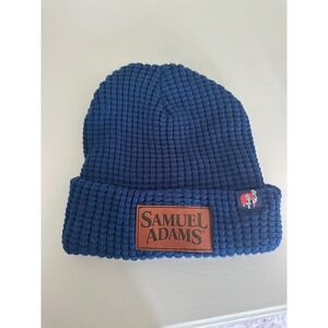 Samuel Adams Blue Waffle‎ Knit Beanie Hat Faux Leather Logo Patch Mens OSFM